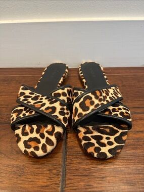 J.Crew Leopard Calf Hair Crisscross Slide Sandals, Size 7.5